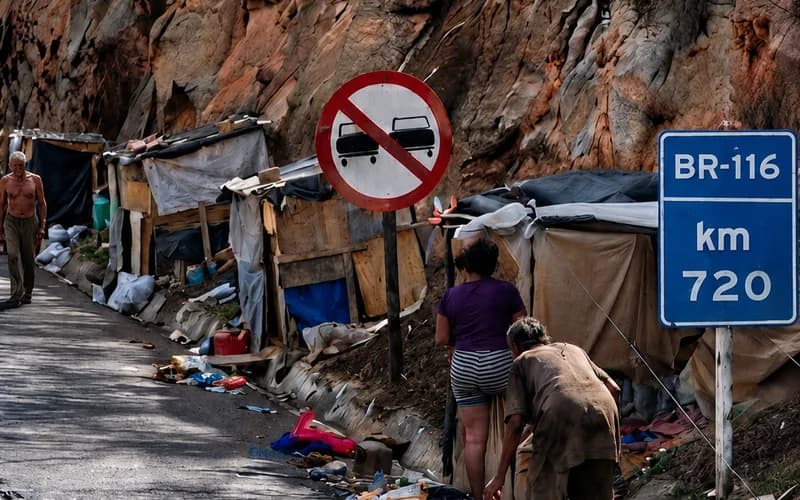 Famílias ocupam trecho de acostamento da BR-116 na Bahia e evidencia grau de pobreza no estado