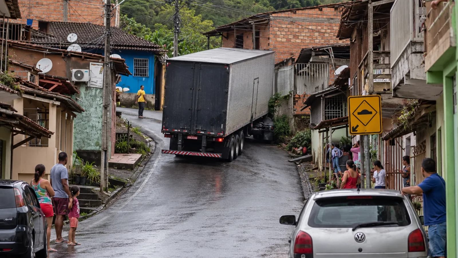 Caminhão encontrada dificuldade para trafegar pela Rua João Andrade Neto