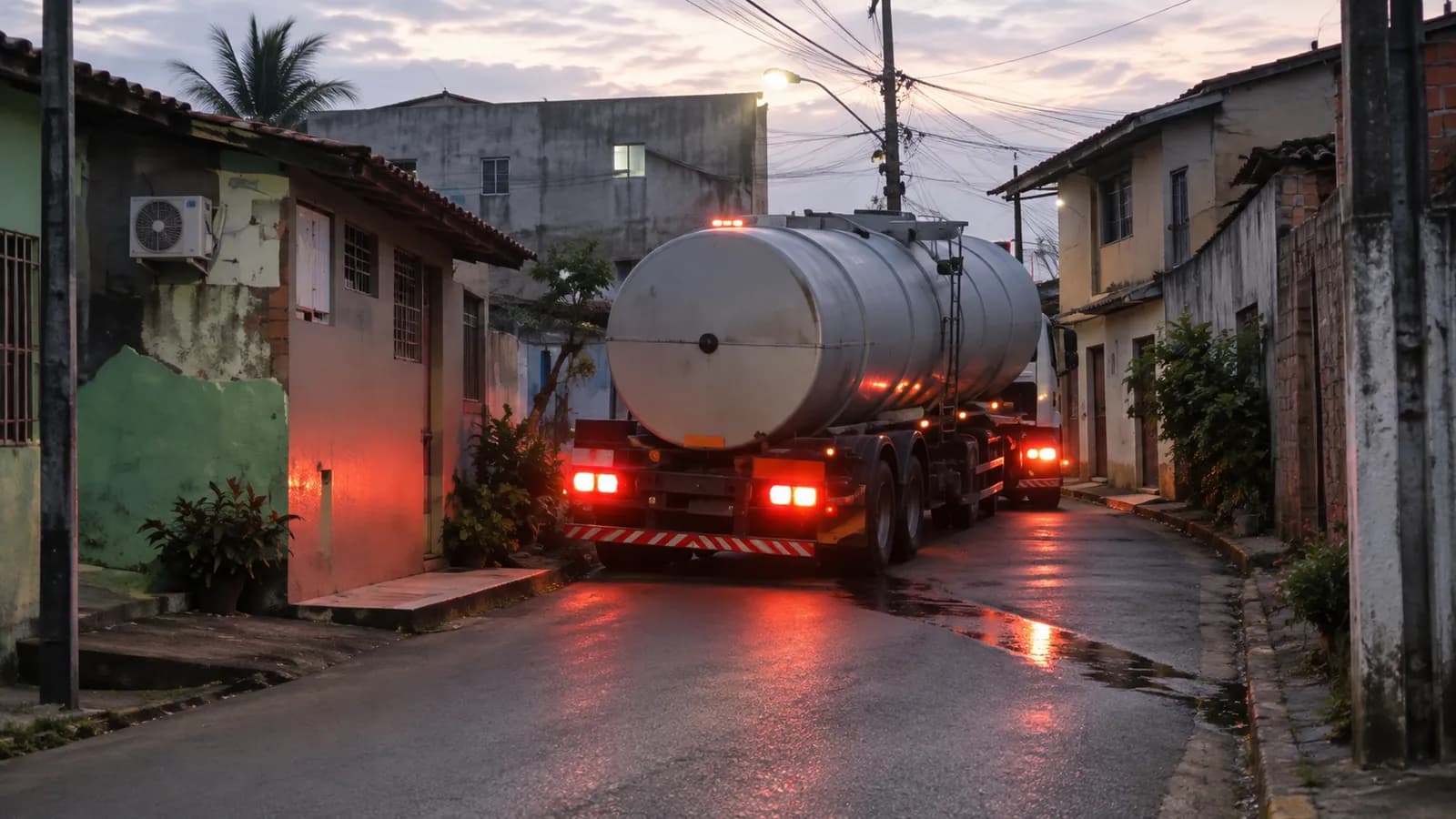 Caminhão-tanque "empacado" em rua no Leonel Ribeiro