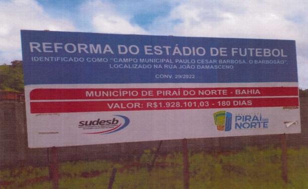 Após atrasos, construção do Estádio em Piraí do Norte tem nova empresa para concluir obra ao custo de R$ 1,2 milhão