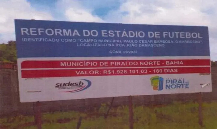 Após atrasos, construção do Estádio em Piraí do Norte tem nova empresa para concluir obra ao custo de R$ 1,2 milhão